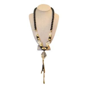 Art Deco Hollywood Glam Black Bead Clear Lucite Tassel Bold Statement Necklace